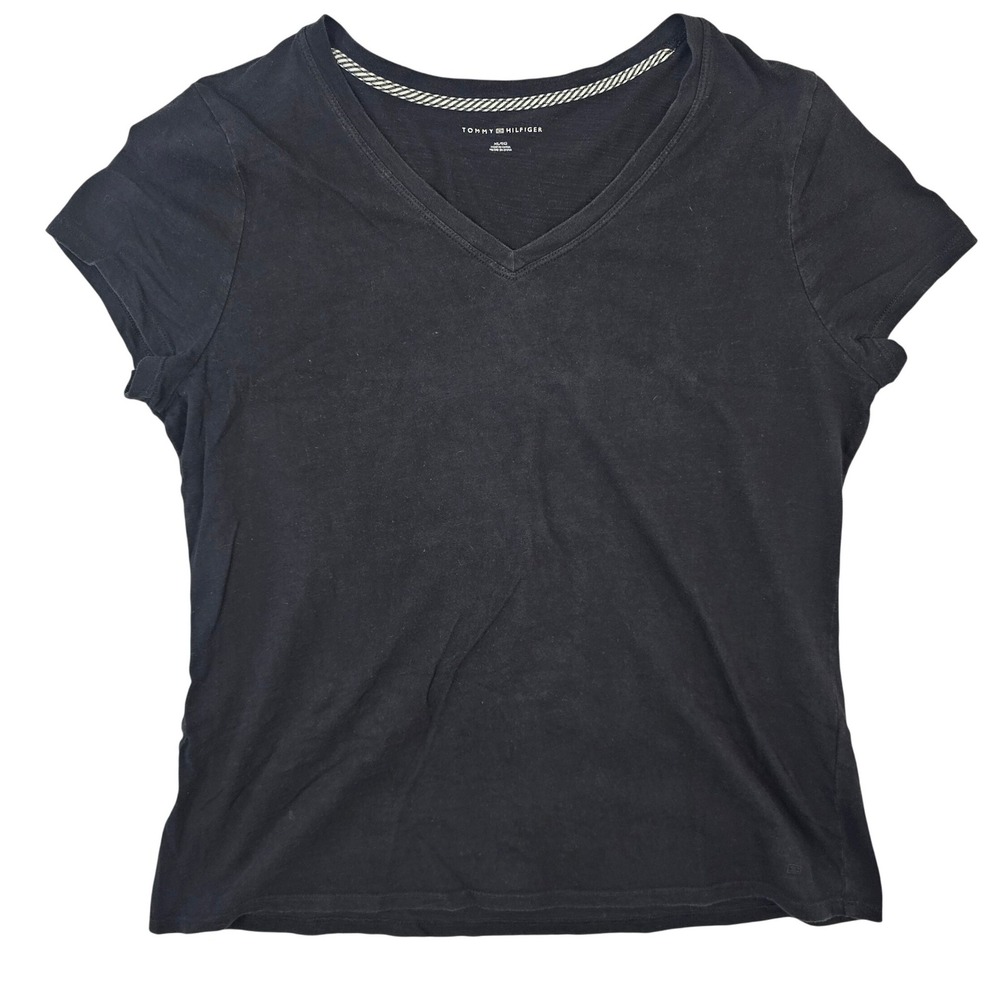 Tommy Hilfiger Womens XL Black V-Neck Short Sleeve T-Shirt Cotton‎ Blend Tee